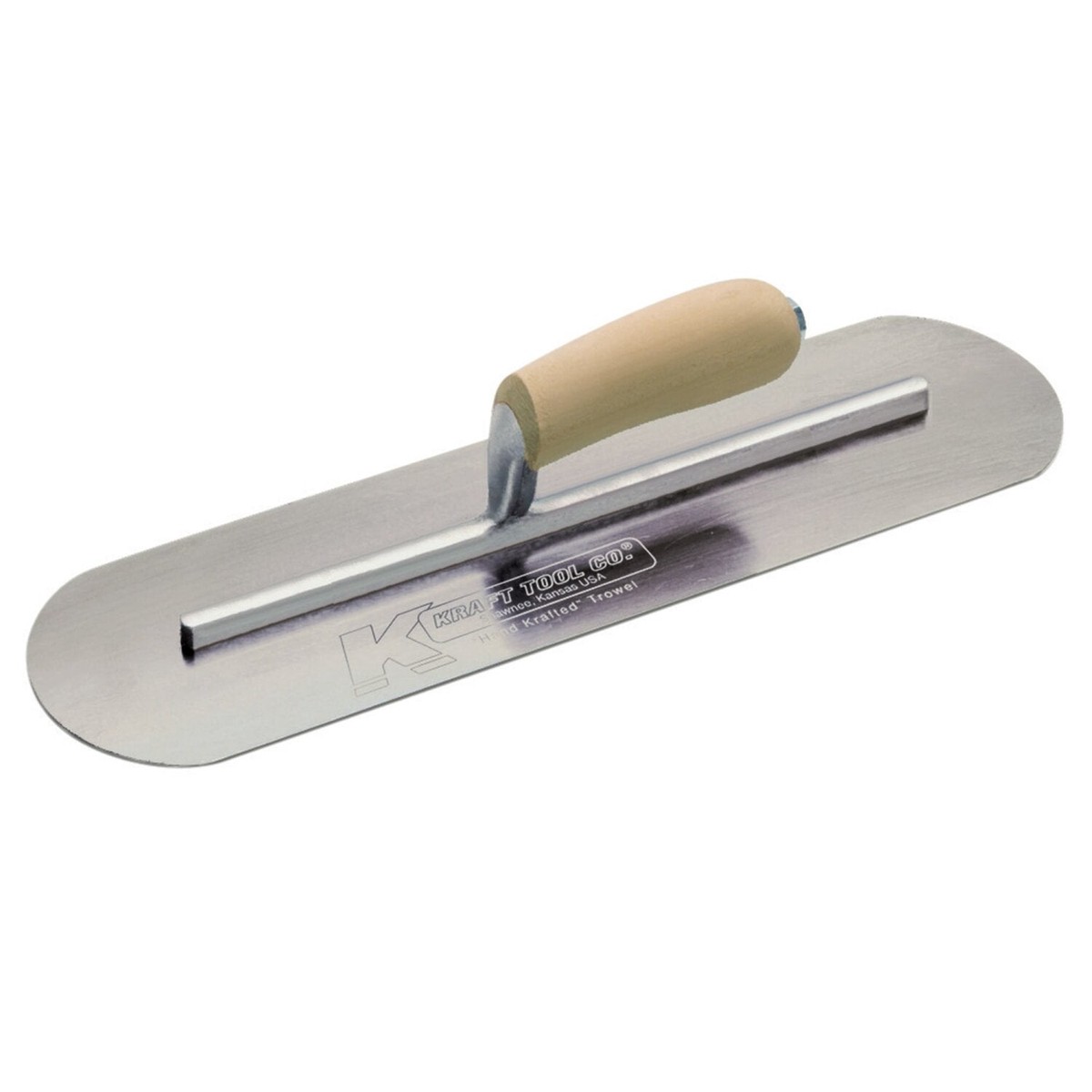 Kraft Tool CF447 16 x 4 Carbon Steel Pool Trowel with a Camel Back Wood Handle on a Long Shank
