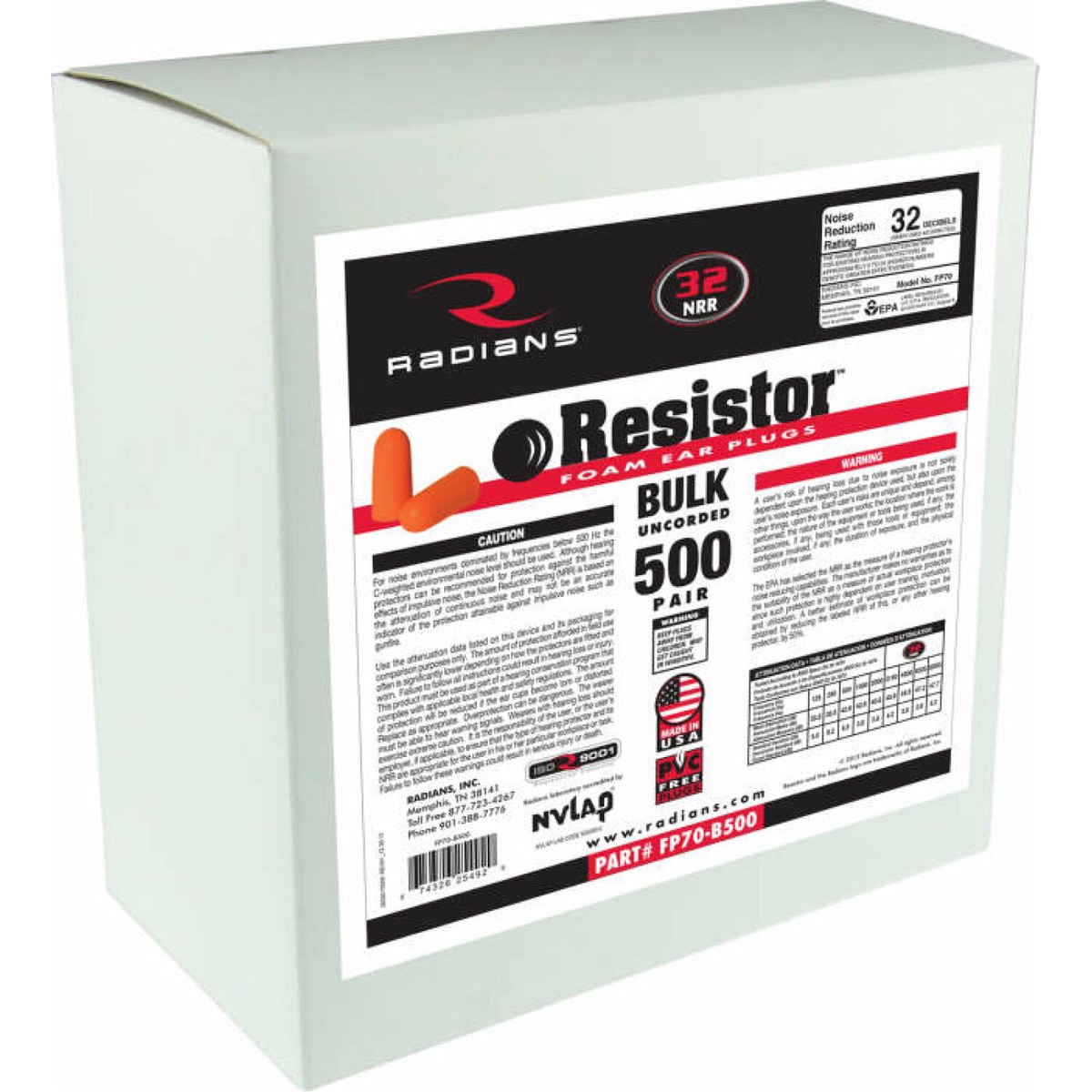 Radians FP70-B500 Resistor 32 Foam Uncorded Earplug Dispenser Refill - 500 Pair