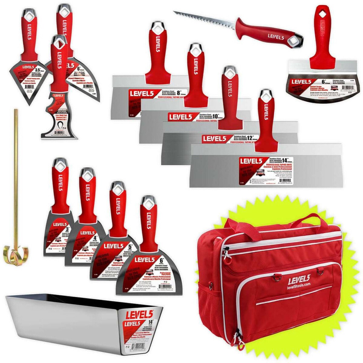 Level5 5-681 Premium Joint Taping Specialty Knives Mixer Jab Saw Mud Pan Free Bag
