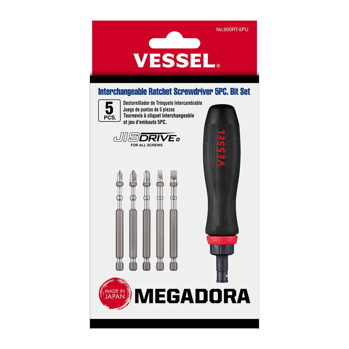 Vessel Tools 900RT5PU MEGADORA Interchangeable Ratchet Screwdriver 5 Pc