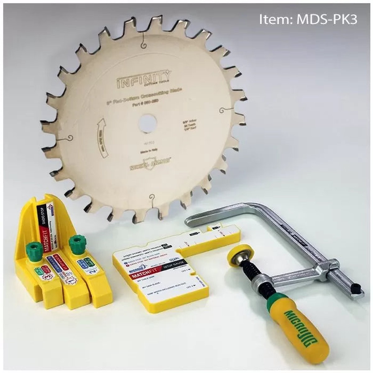 MicroJIG MATCHFIT Dado stop Package 3 with Infinity Tools 14 Kerf Flat Top Blade