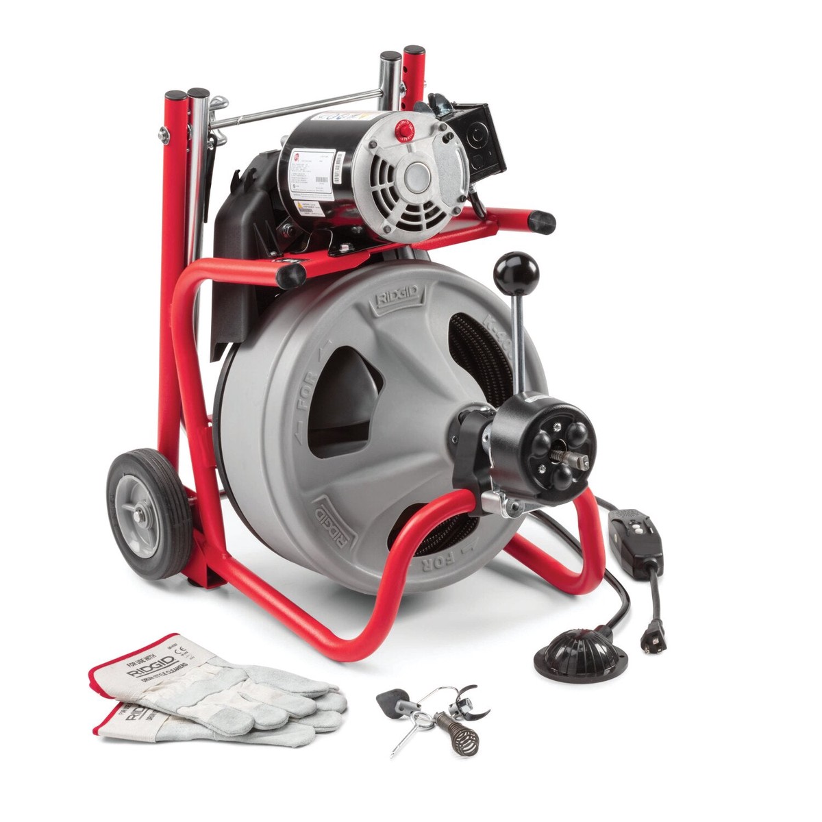 Ridgid 27008 K-400 Machine with Gloves Std Equipment Two-Wheel Cart AUTOFEED C-32 IW 38 x 75 (10 mm x 23 m) Solid Core (Integral Wound) Cable T-260 Tool Set
