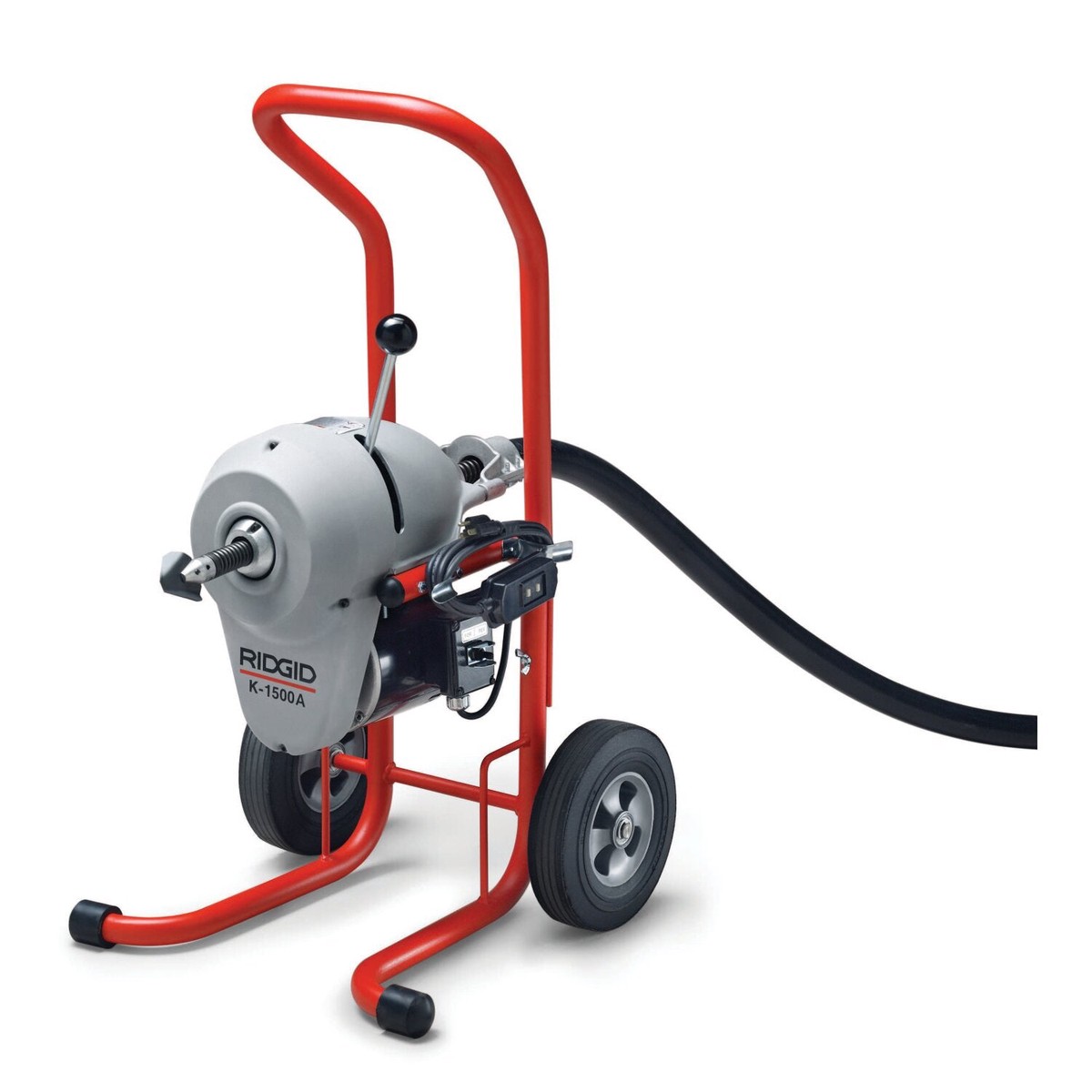 Ridgid 23712 K-1500A Machine with A-1 Mitt A-12 Pin Key and Rear Guide Hose Plus Seven Sections 1 14 (32 mm) (C-11) Cable Total 105 Feet Two A-8 Cable Carriers