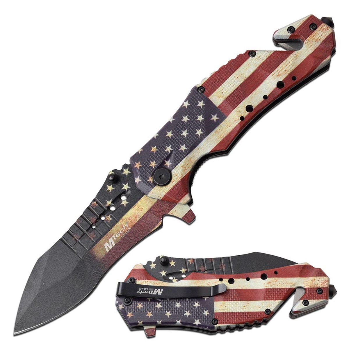 USA Flag Spring Assisted Knife w Seat Belt Cutter - MT-A845SF